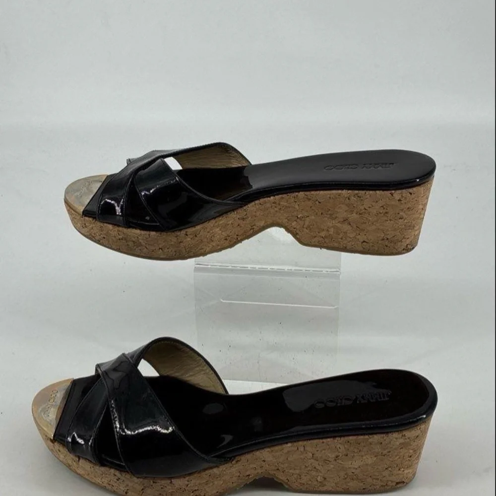 Jimmy Choo Black Patent Criss Cross Cork Wedge Platform Sandals